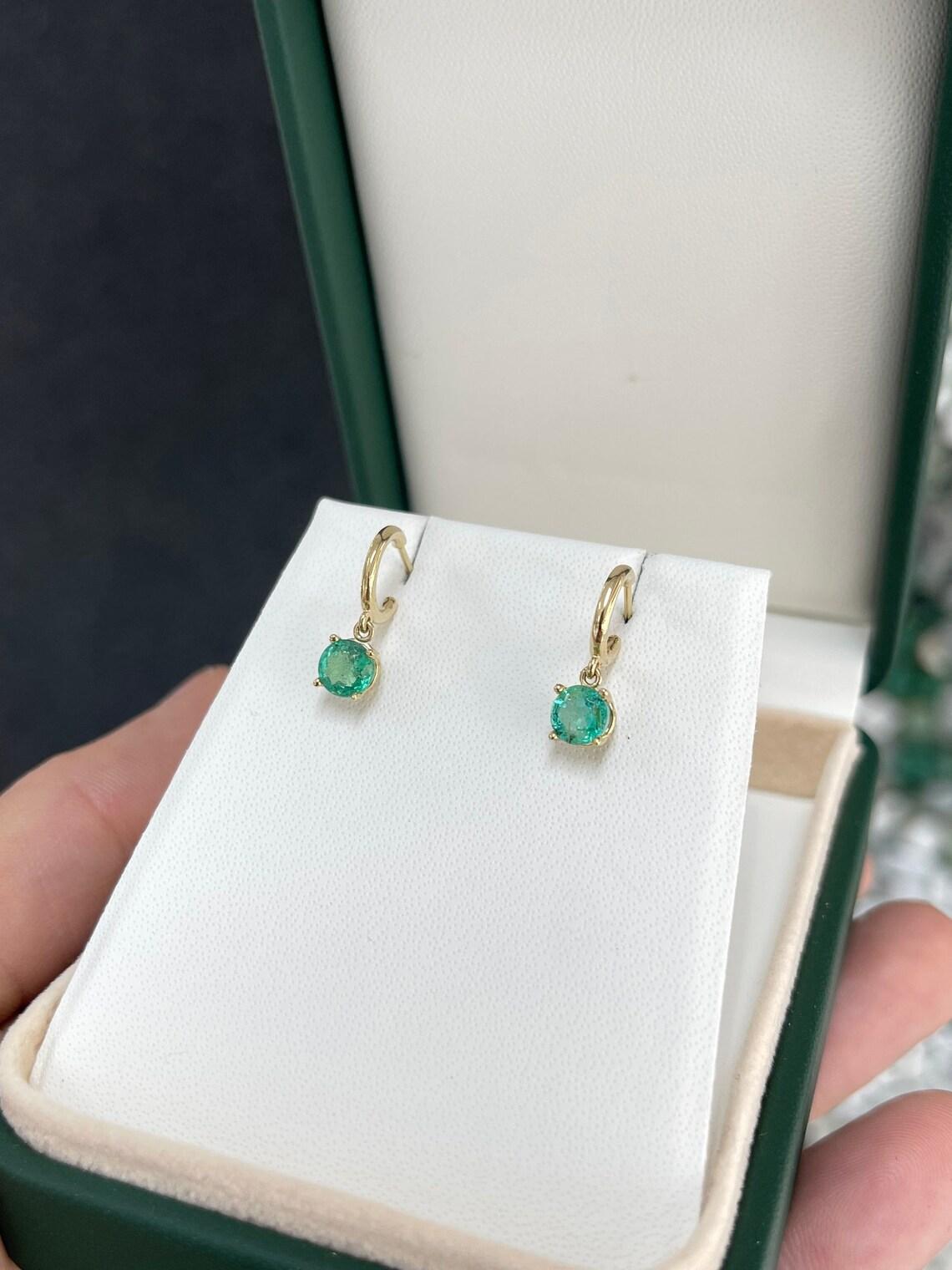 1.35tcw 14K Round Cut Emerald Huggie Dangle Earrings Dark Green Perfect May Gift For Sale 3