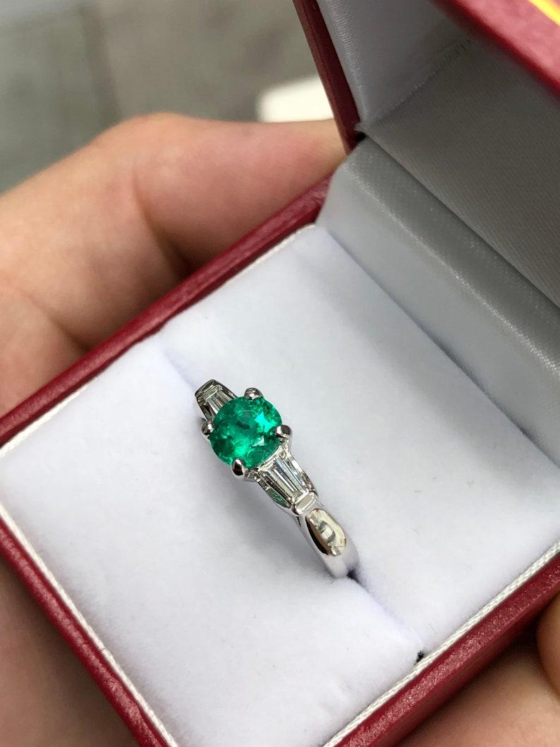 Modern 1.35tcw 14K Three Stone Emerald & Diamond Ring  14K Emerald Diamond Ring For Sale
