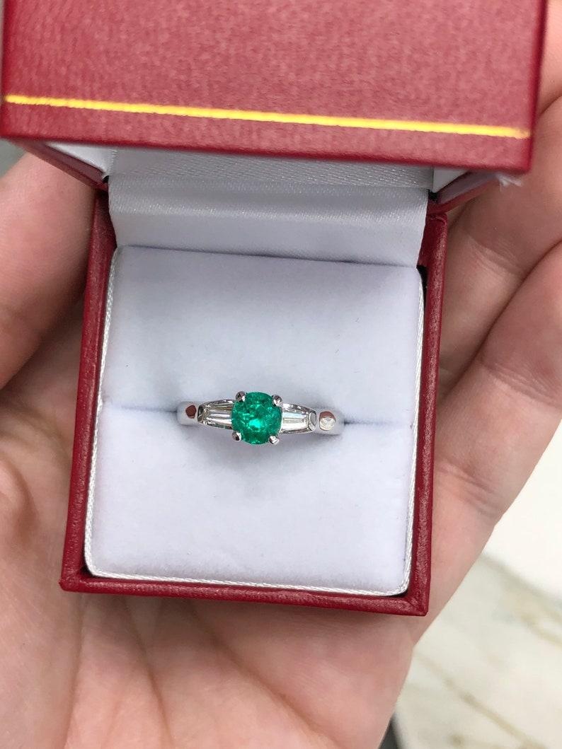 Emerald Cut 1.35tcw 14K Three Stone Emerald & Diamond Ring  14K Emerald Diamond Ring For Sale