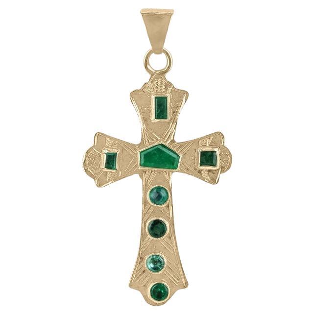 1.35tcw 18K Colombian Emerald Cross Pendant - Unisex Gold Round & Emerald Cut