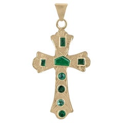 1.35tcw 18K Colombian Emerald Cross Pendant - Unisex Gold Round & Emerald Cut
