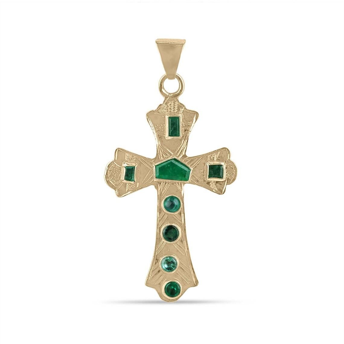1.35tcw 18K Colombian Emerald Cross Pendant Unisex Round & Emerald Cut Dark