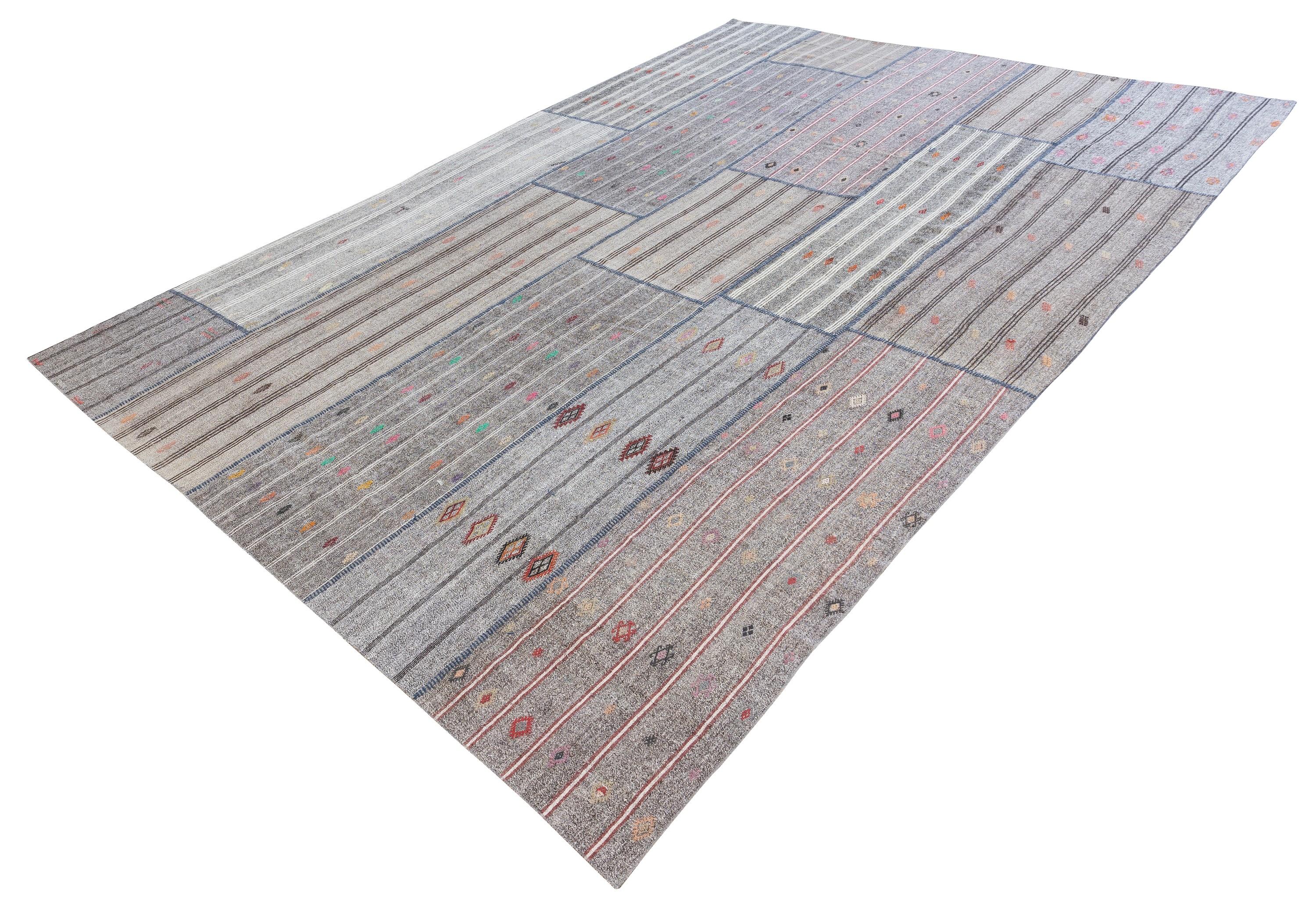 13.5x19.4 Ft Alfombra Kilim Gris Vintage, Algodón y Pelo de Cabra, Alfombra Sobredimensionada Turco en venta