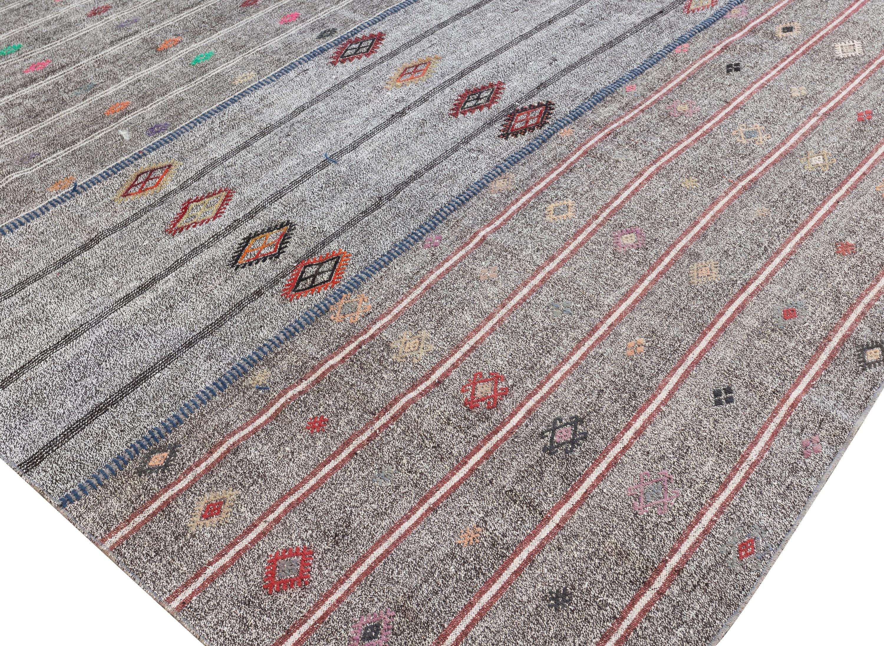 13.5x19.4 Ft Alfombra Kilim Gris Vintage, Algodón y Pelo de Cabra, Alfombra Sobredimensionada Lana en venta