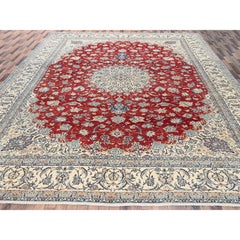 13'5"x19'4" Red Vintage Zoroastrian Nain Medallion Wool & Silk Hand Knotted Rug