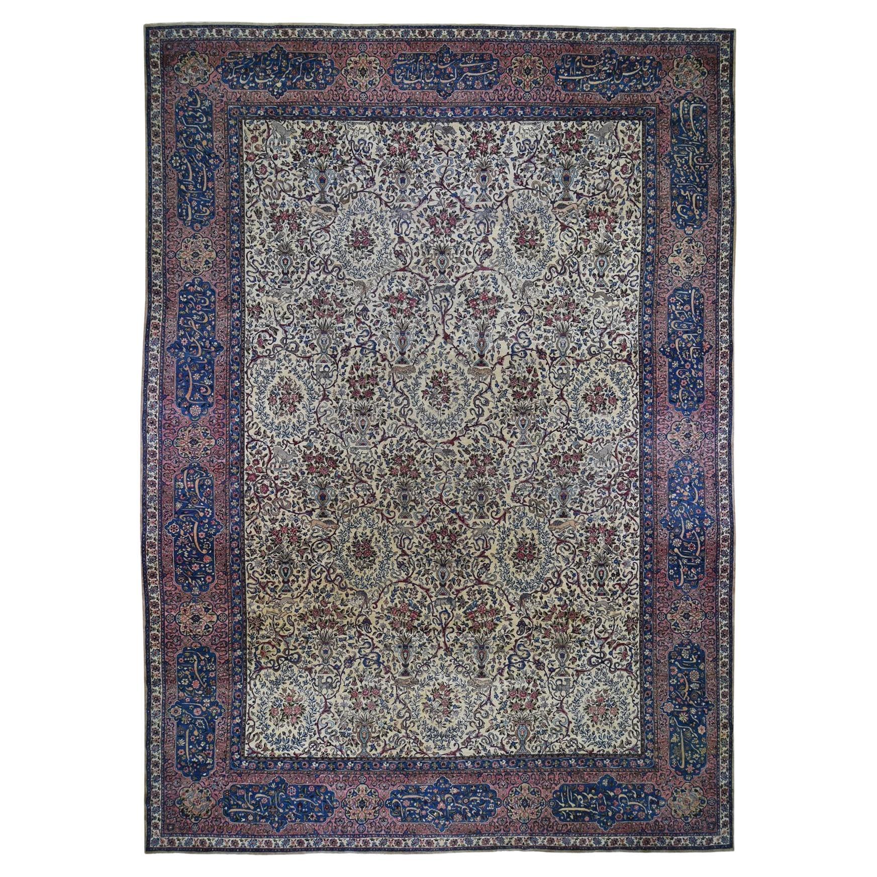 13'5"x19'8" Ivory Antique Persian Kerman Hand Knotted Pure Wool Oversized Rug For Sale