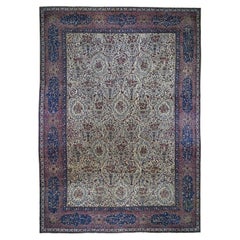 13'5"x19'8" Elfenbeinfarbener antiker persischer Kerman-Teppich aus reiner Wolle, handgeknüpft, übergroß