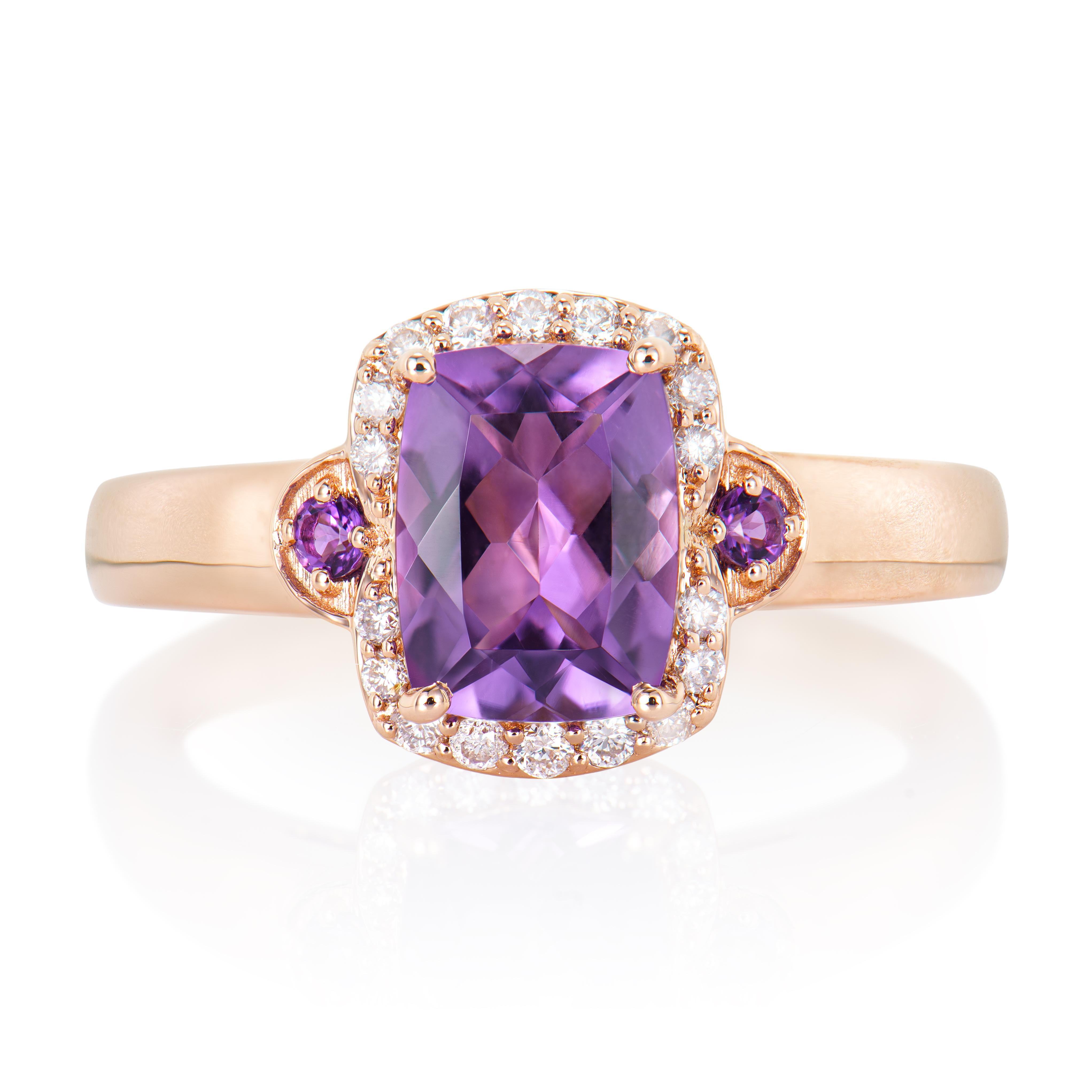 Contemporary 1.36 Carat Amethyst Fancy Ring in 14Karat Rose Gold with White Diamond.   For Sale