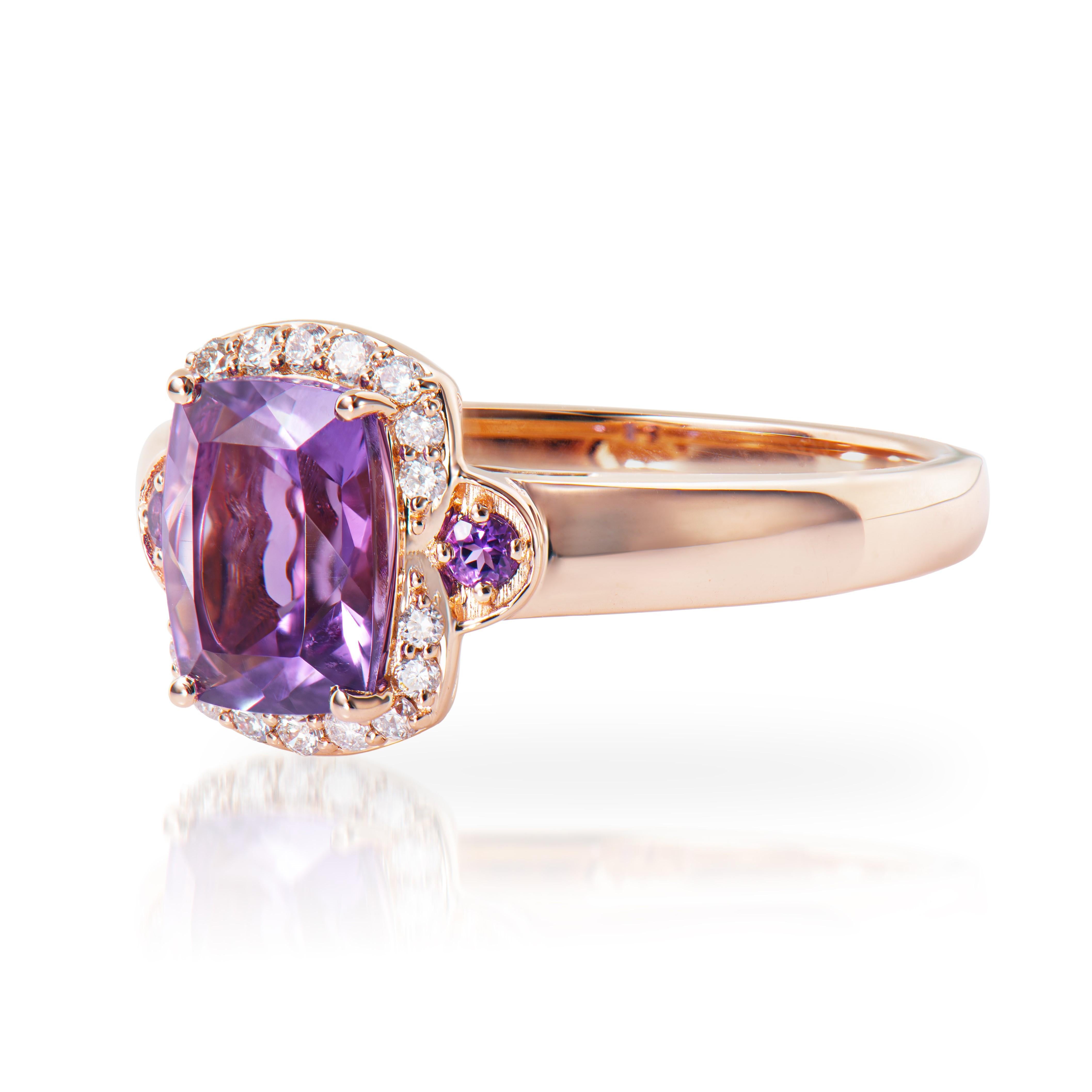 Cushion Cut 1.36 Carat Amethyst Fancy Ring in 14Karat Rose Gold with White Diamond.   For Sale
