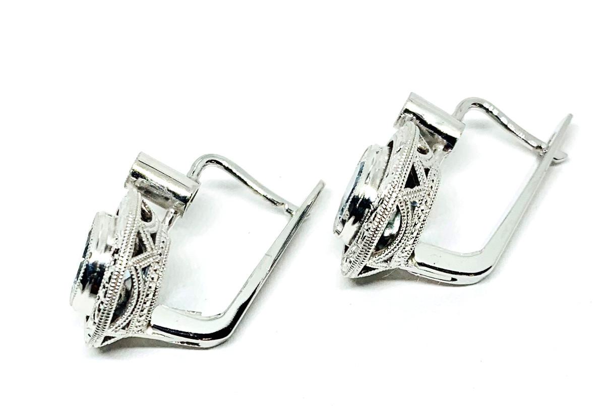 1.36 ct. t.w. Round Aquamarine, Diamond, White Gold Lever Back Engraved Earrings 2