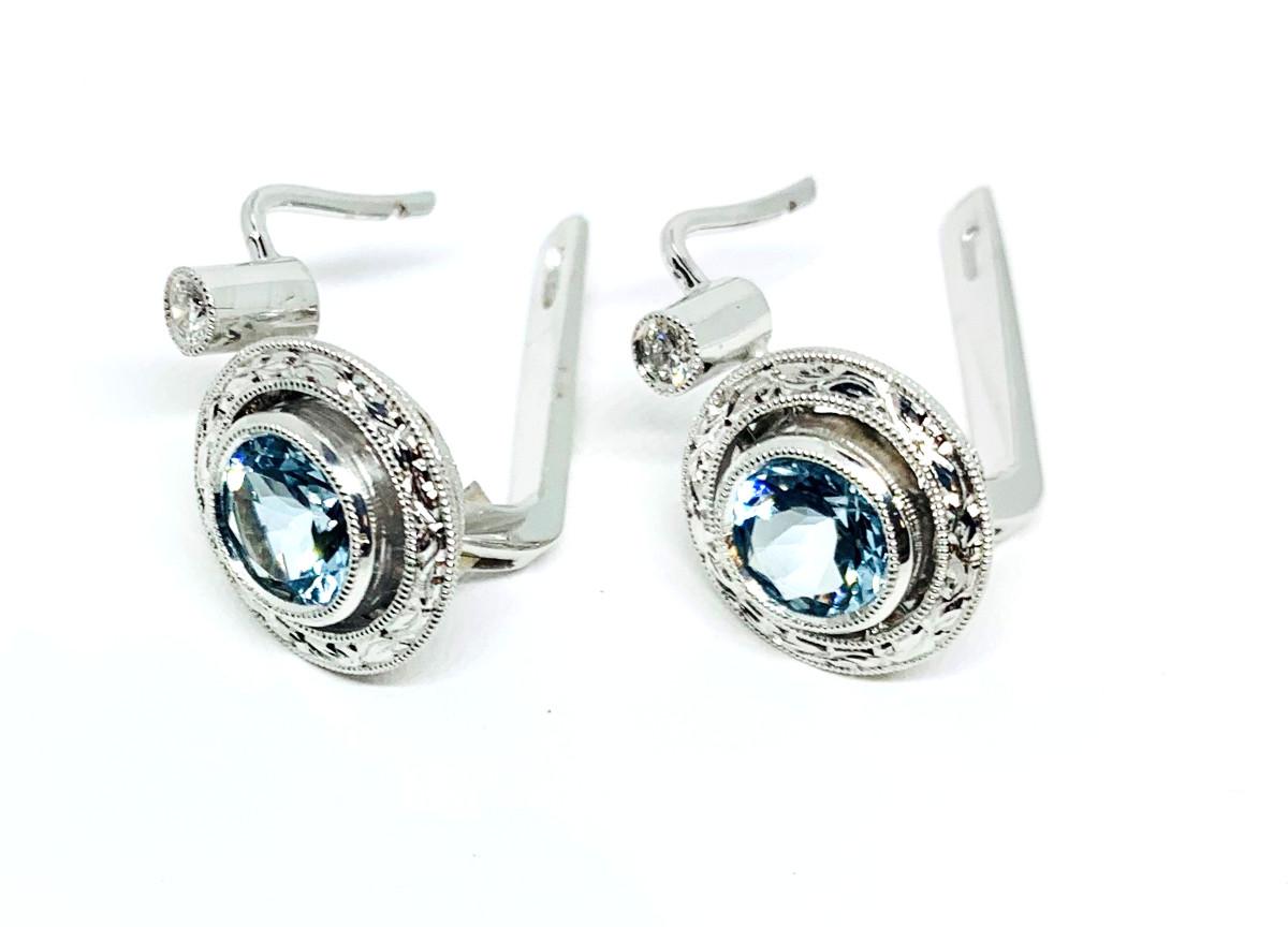 1.36 ct. t.w. Round Aquamarine, Diamond, White Gold Lever Back Engraved Earrings 3