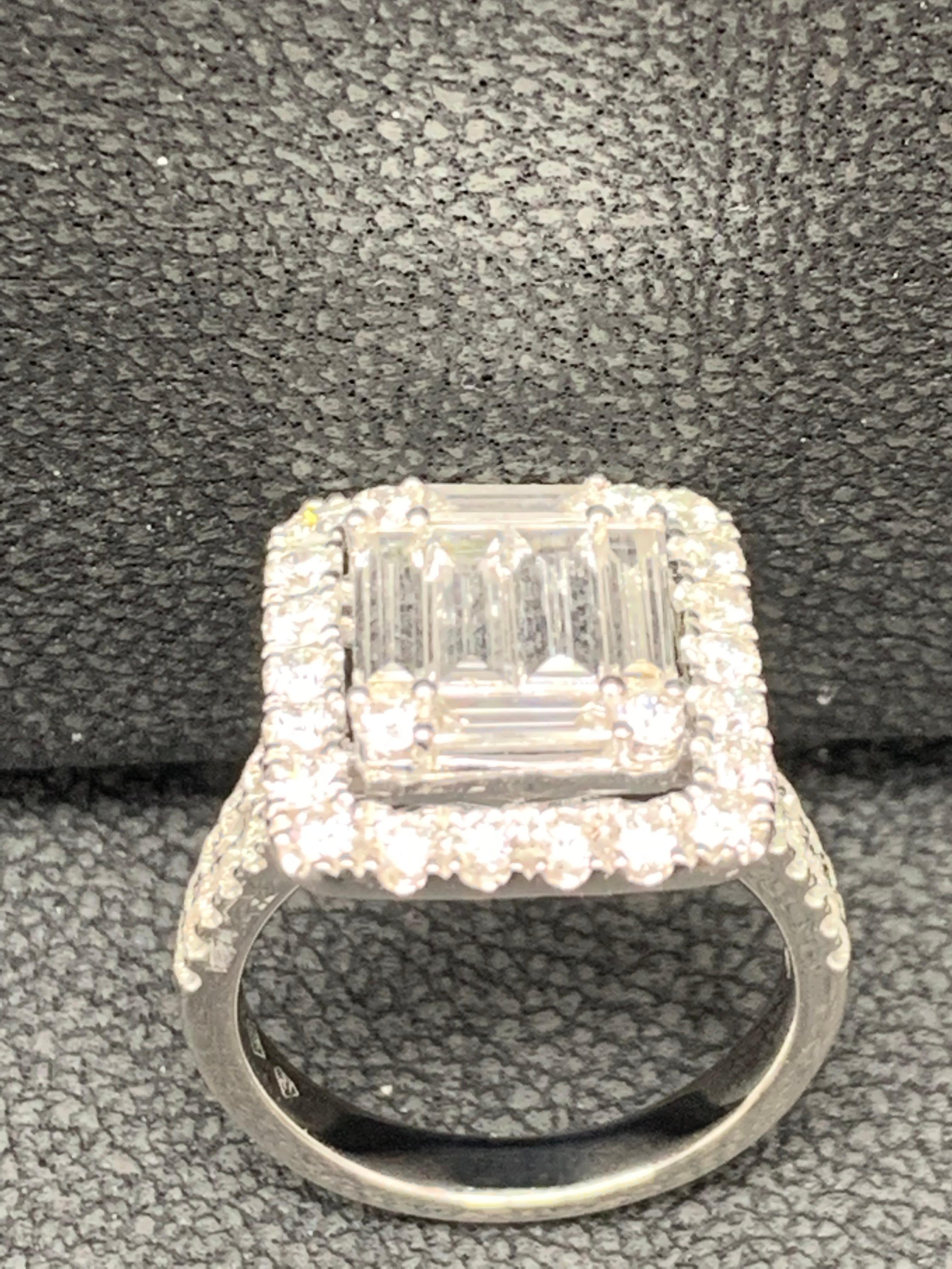 1.36 Carat Cluster Baguette Diamond Halo Engagement Ring in 18K White Gold For Sale 12