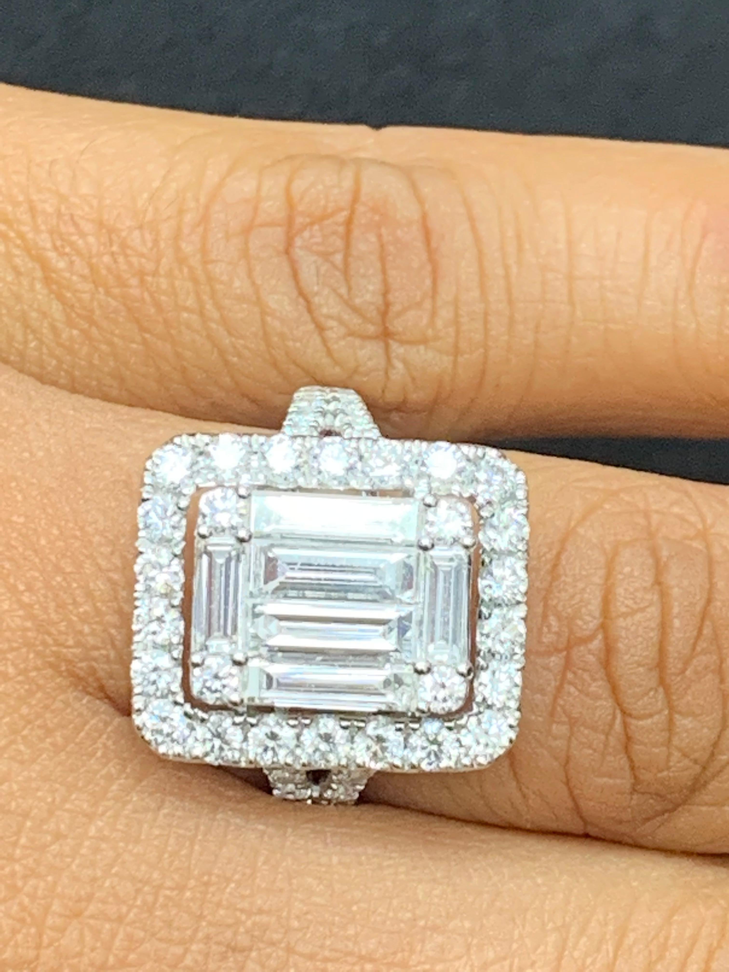 Baguette Cut 1.36 Carat Cluster Baguette Diamond Halo Engagement Ring in 18K White Gold For Sale