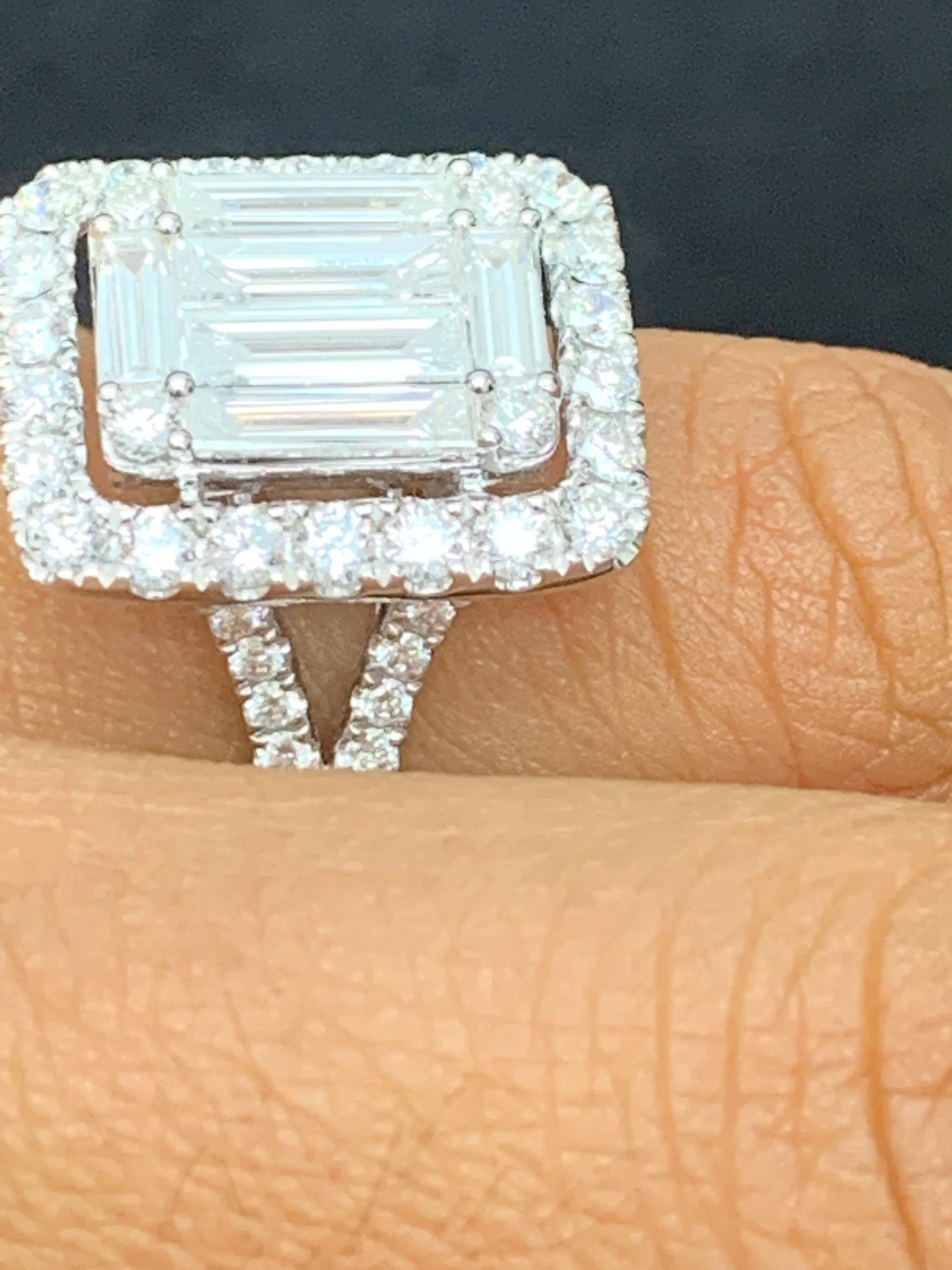1.36 Carat Cluster Baguette Diamond Halo Engagement Ring in 18K White Gold In New Condition For Sale In NEW YORK, NY