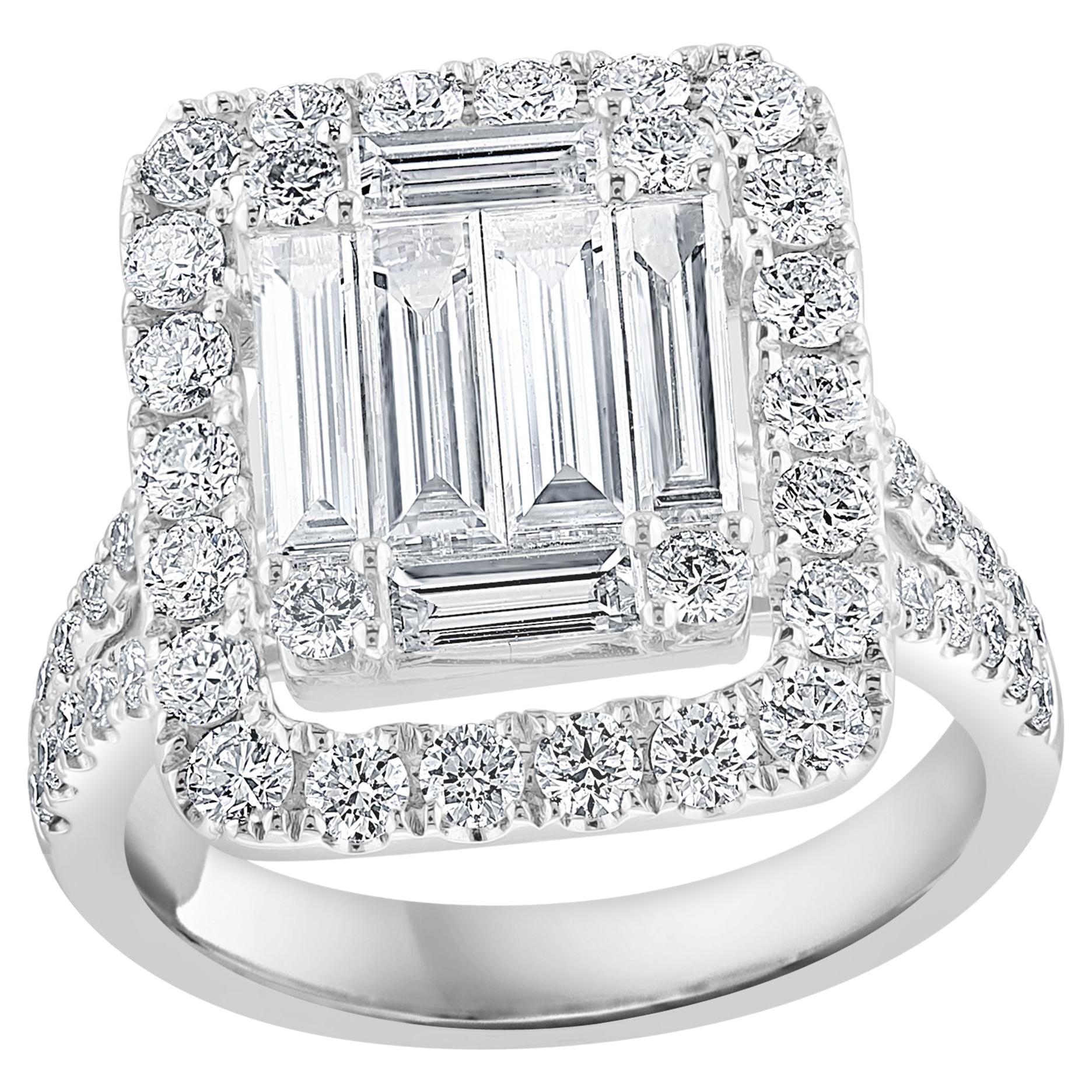 1.36 Carat Cluster Baguette Diamond Halo Engagement Ring in 18K White Gold For Sale