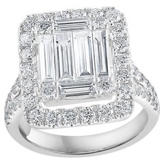 1.36 Carat Cluster Baguette Diamond Halo Engagement Ring in 18K White Gold