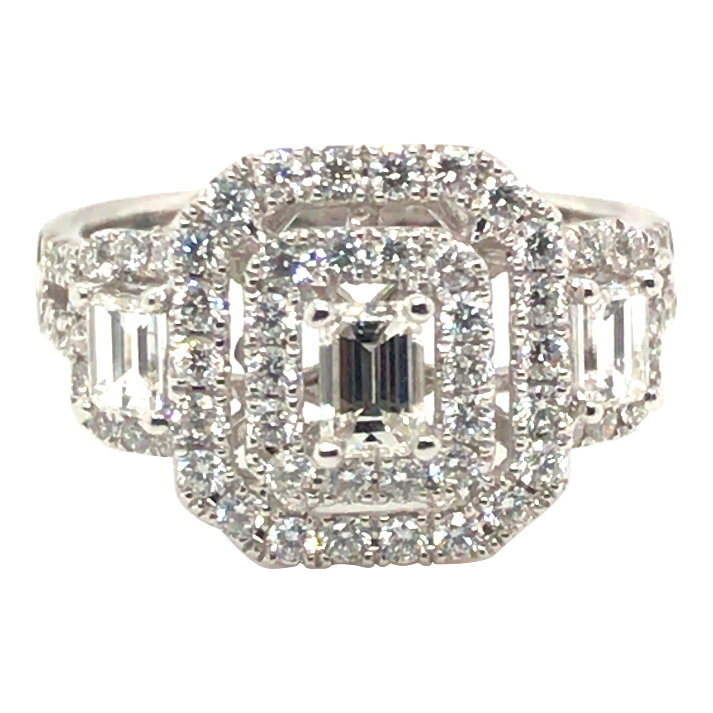 1.36 Carat Cluster Style Round and Baguette Diamond Ring with 14 Karat Gold For Sale