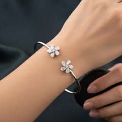 1.36 Carat Diamond Flower Minimal Cuff Bangle Bracelet 14 Karat White Gold