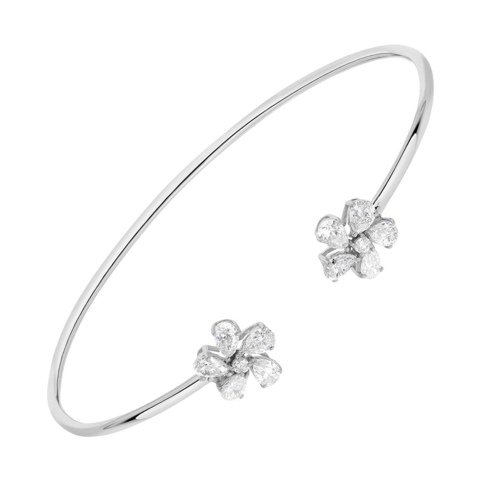 1.36 Carat Diamond Flower Minimal Cuff Bangle Bracelet 14 Karat White Gold