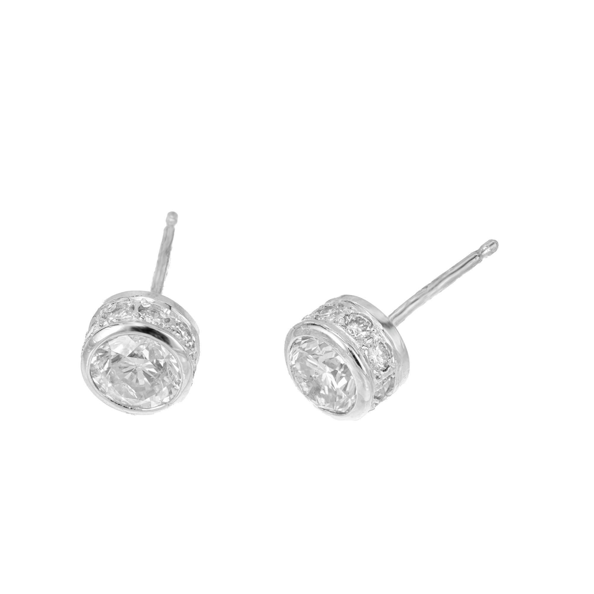 Round Cut 1.36 Carat Diamond Platinum Bezel Set Stud Earrings For Sale