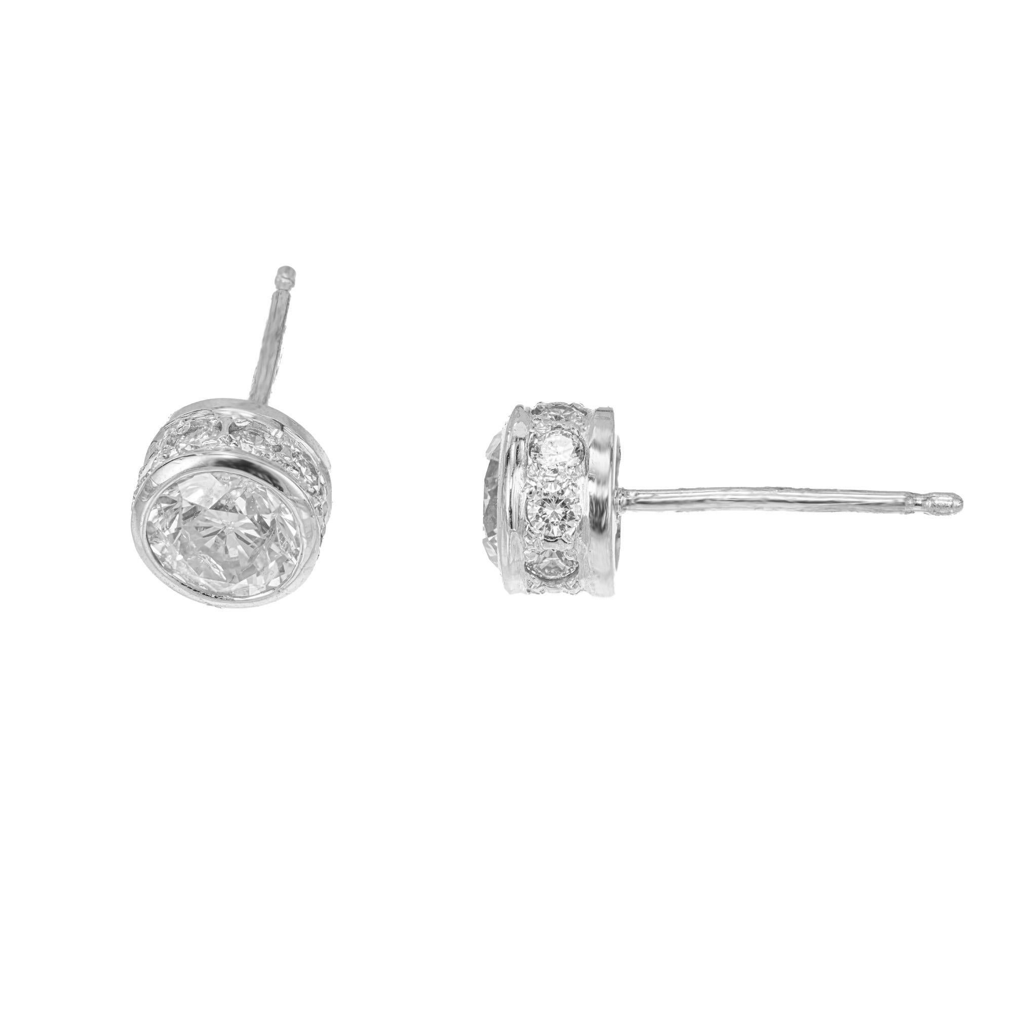 1.36 Carat Diamond Platinum Bezel Set Stud Earrings In Good Condition In Stamford, CT
