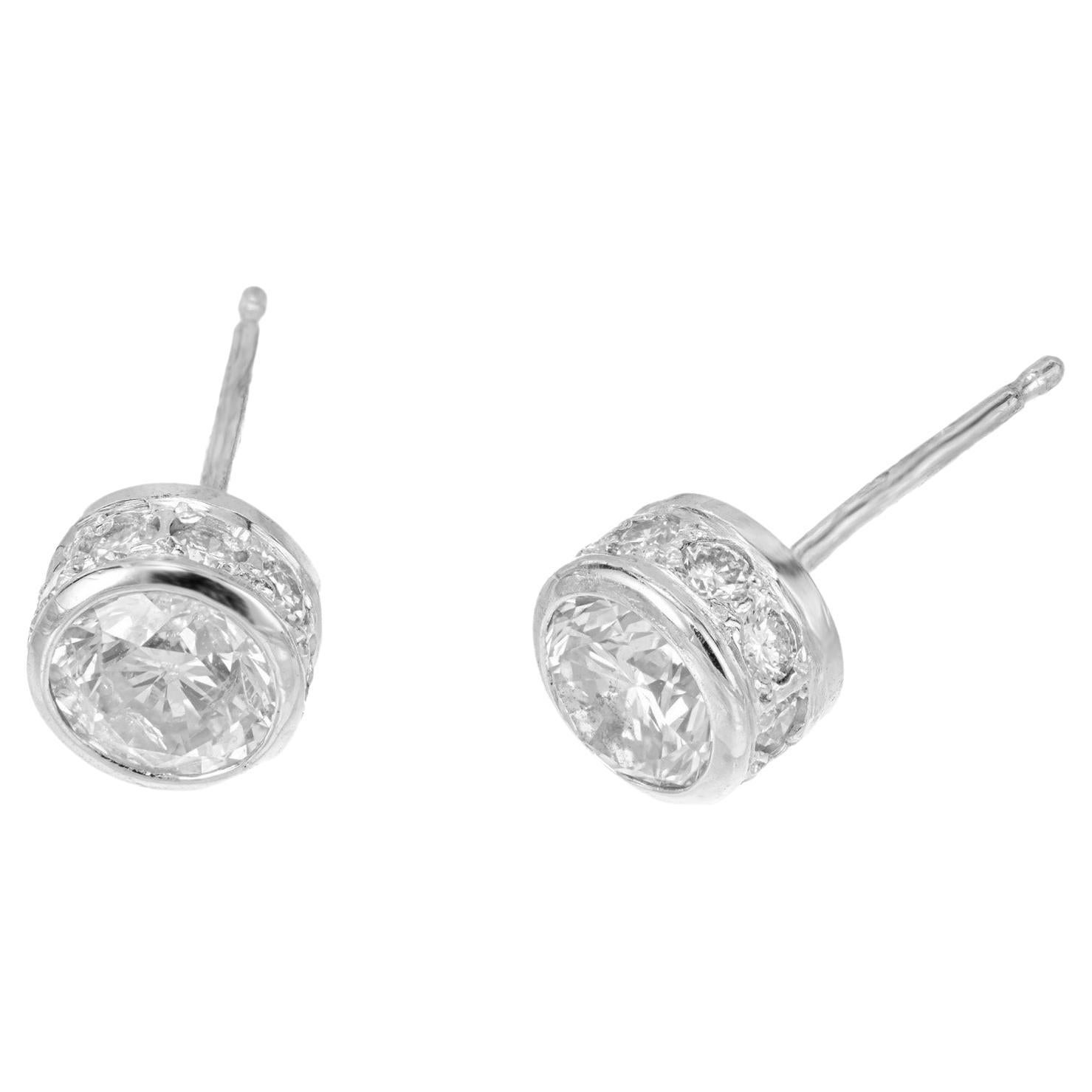 1.36 Carat Diamond Platinum Bezel Set Stud Earrings For Sale