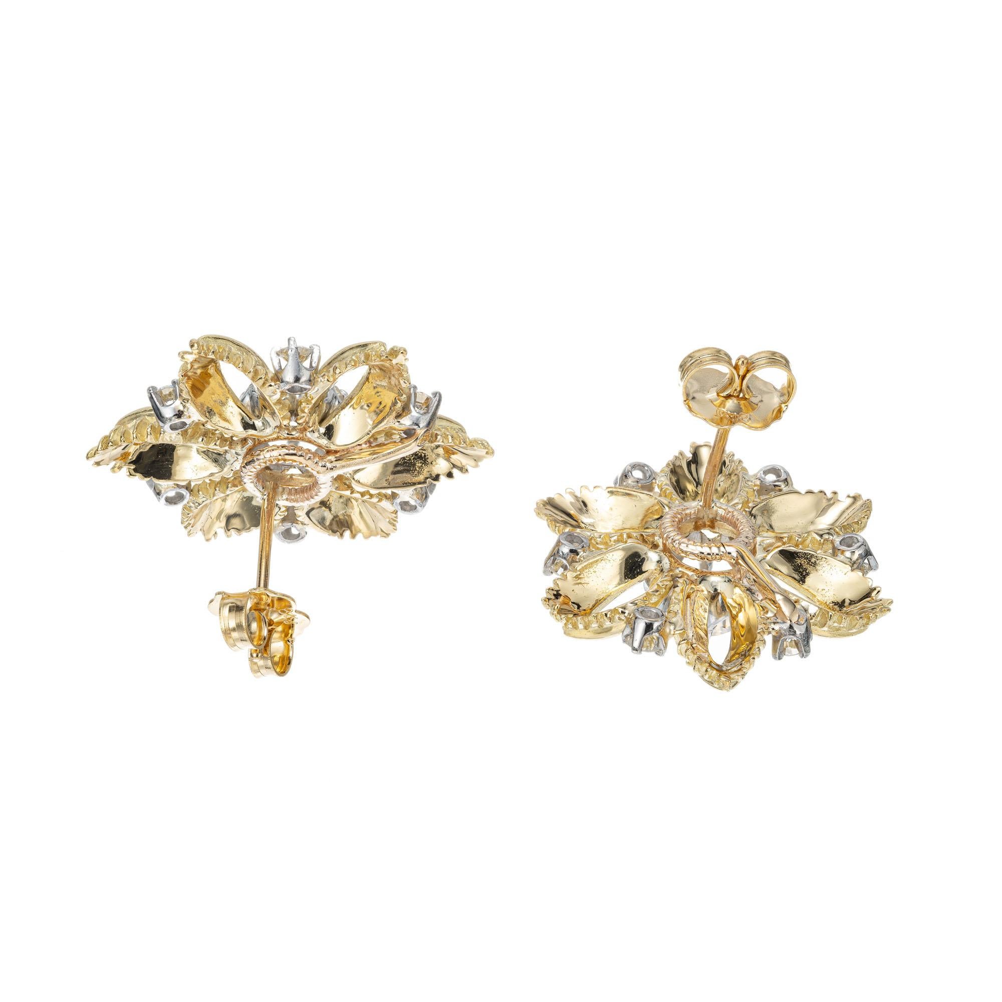 Old European Cut 1.36 Carat Diamond Yellow White Gold Snowflake Earrings For Sale