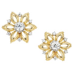 Boucles d'oreilles flocon de neige en or jaune blanc et diamant de 1,36 carat