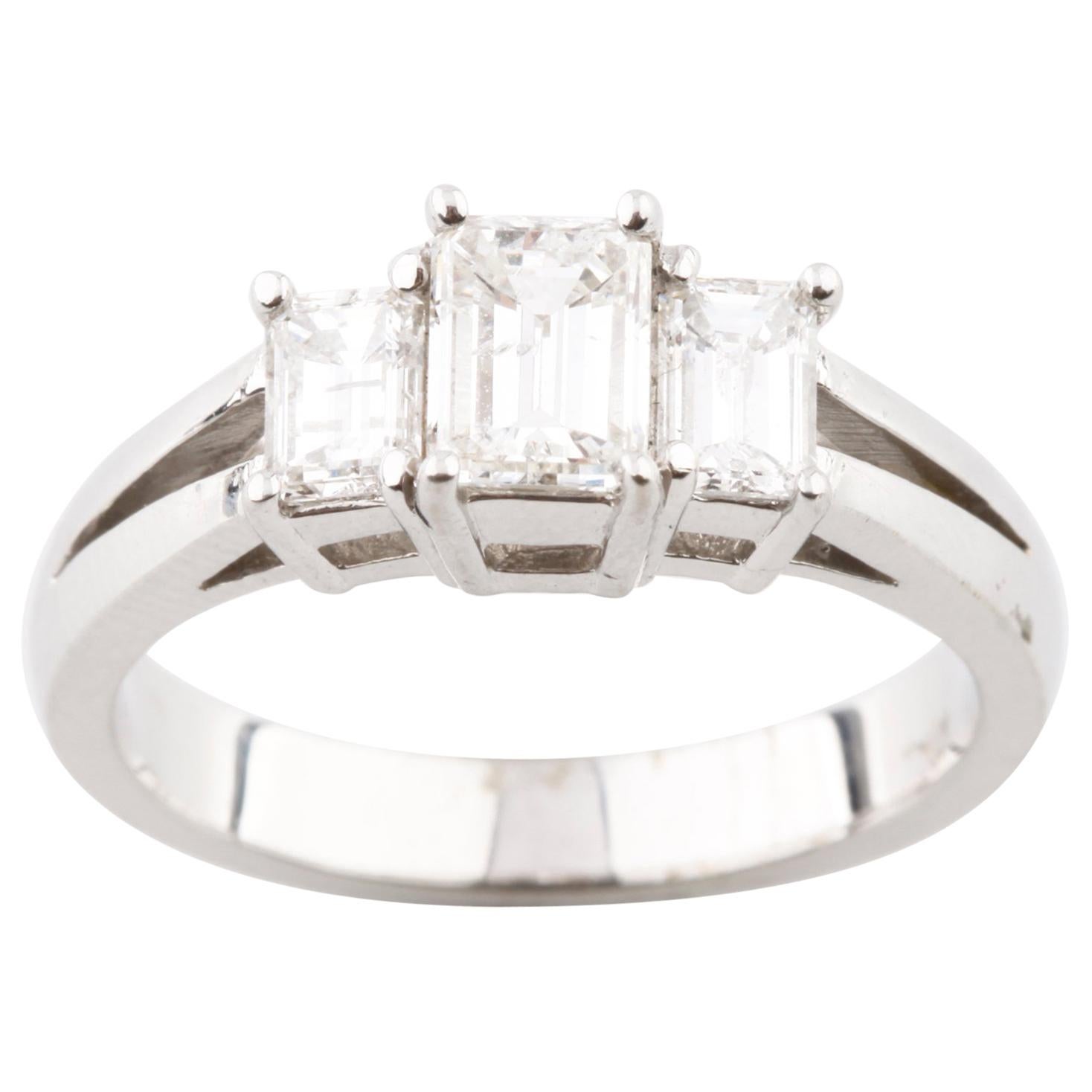 1.36 Carat Emerald Cut 3-Stone Diamond 18 Karat White Gold Engagement Ring