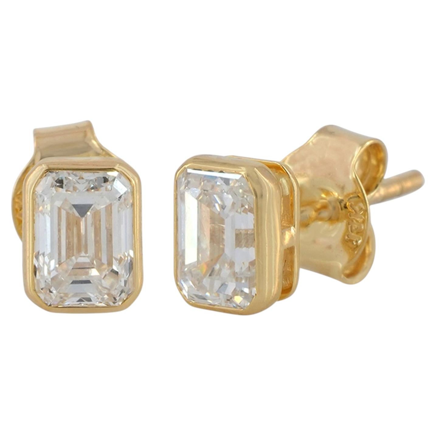 1.36 Carat Emerald Cut G/SI Diamond Solitaire Stud Earrings in 14k Yellow Gold