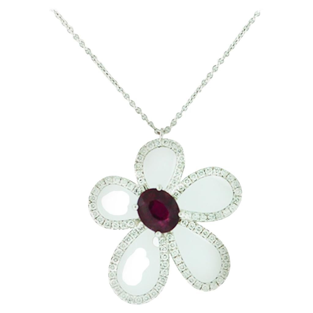1.36 Carat Floral Ruby Diamond Necklace GIA Certified Natural 18 Karat, 2.01 Ct