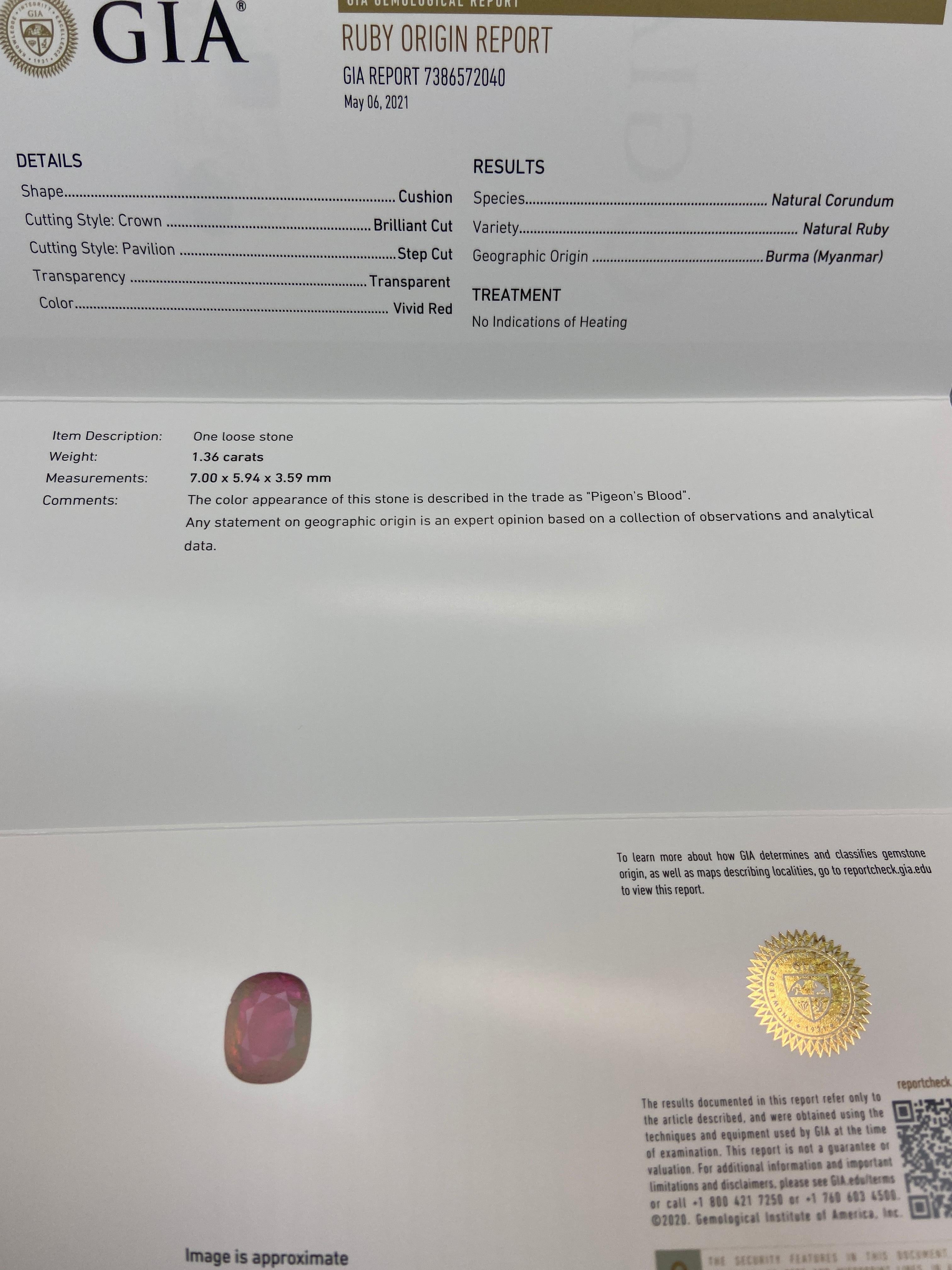 1.36 Carat GIA Certified Unheated Burmese Pigeon's Blood Red Ruby In New Condition In Hong Kong, HK