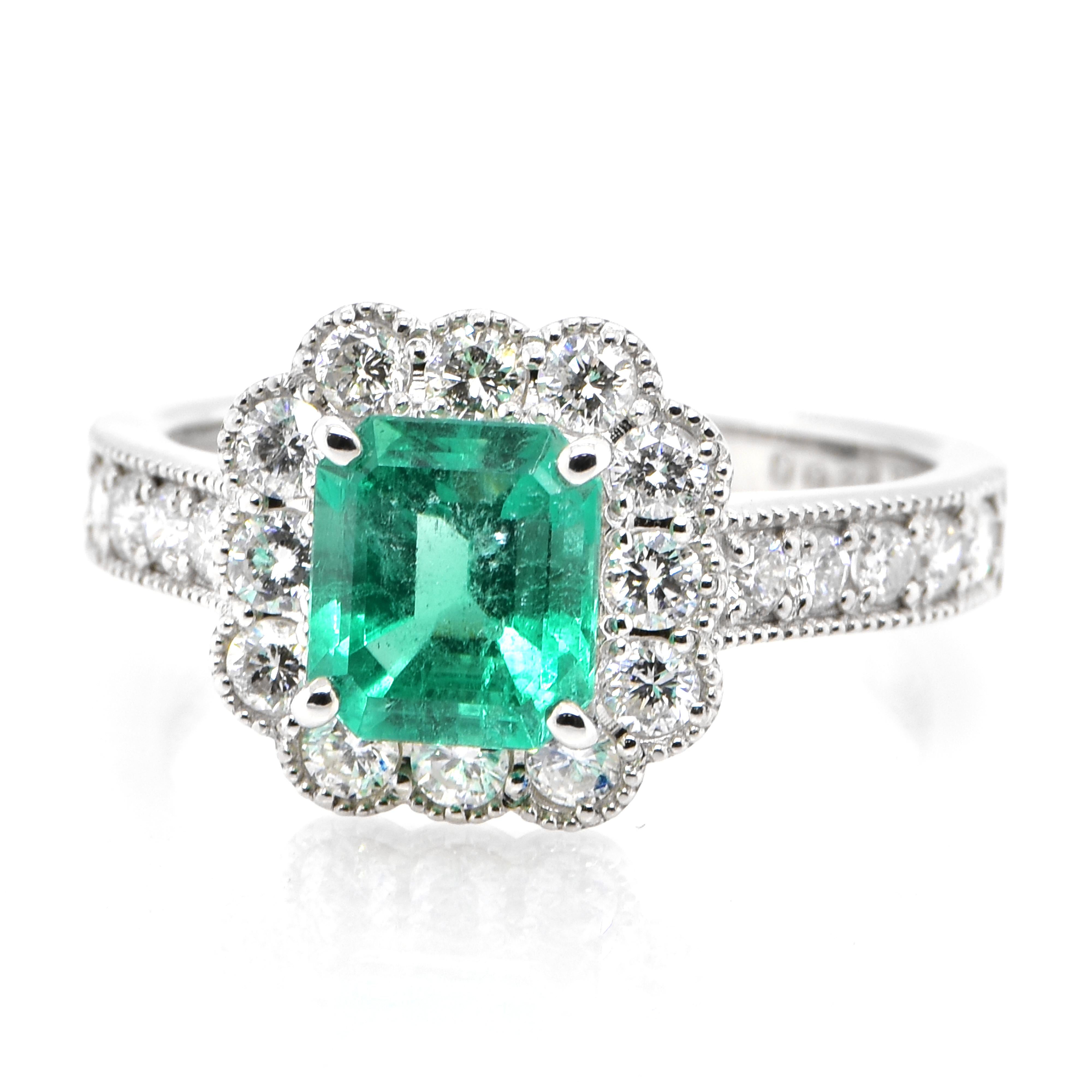 A stunning ring featuring a 1.36 Carat Natural Emerald and 0.81 Carats of Diamond Accents set in Platinum. People have admired emerald’s green for thousands of years. Emeralds have always been associated with the lushest landscapes and the richest