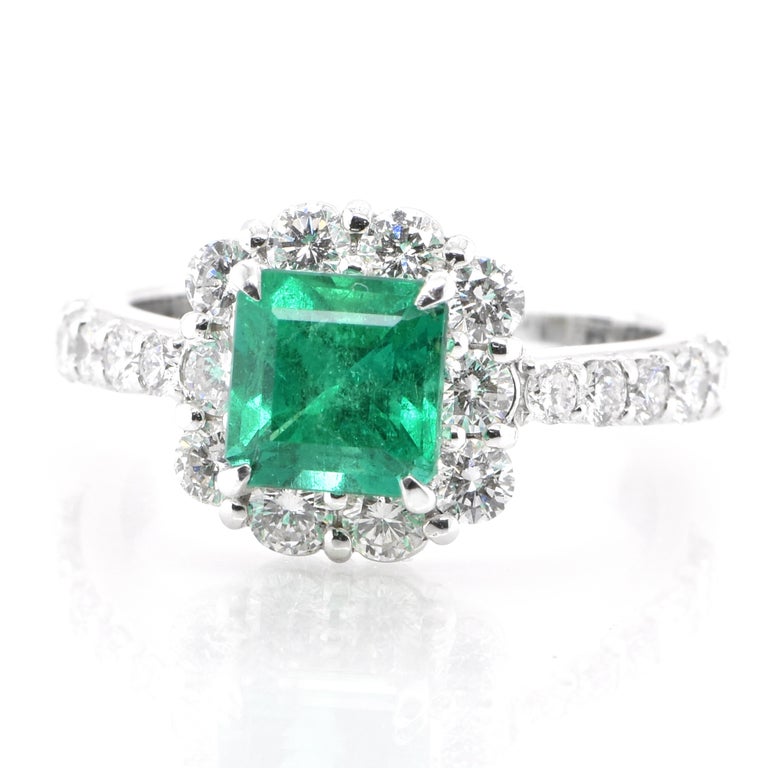 A stunning ring featuring a GRS Certified 1.36 Carat Natural, Colombian, Vivid Green Emerald and 1.03 Carats of Diamond Accents set in Platinum. People have admired emerald’s green for thousands of years. Emeralds have always been associated with