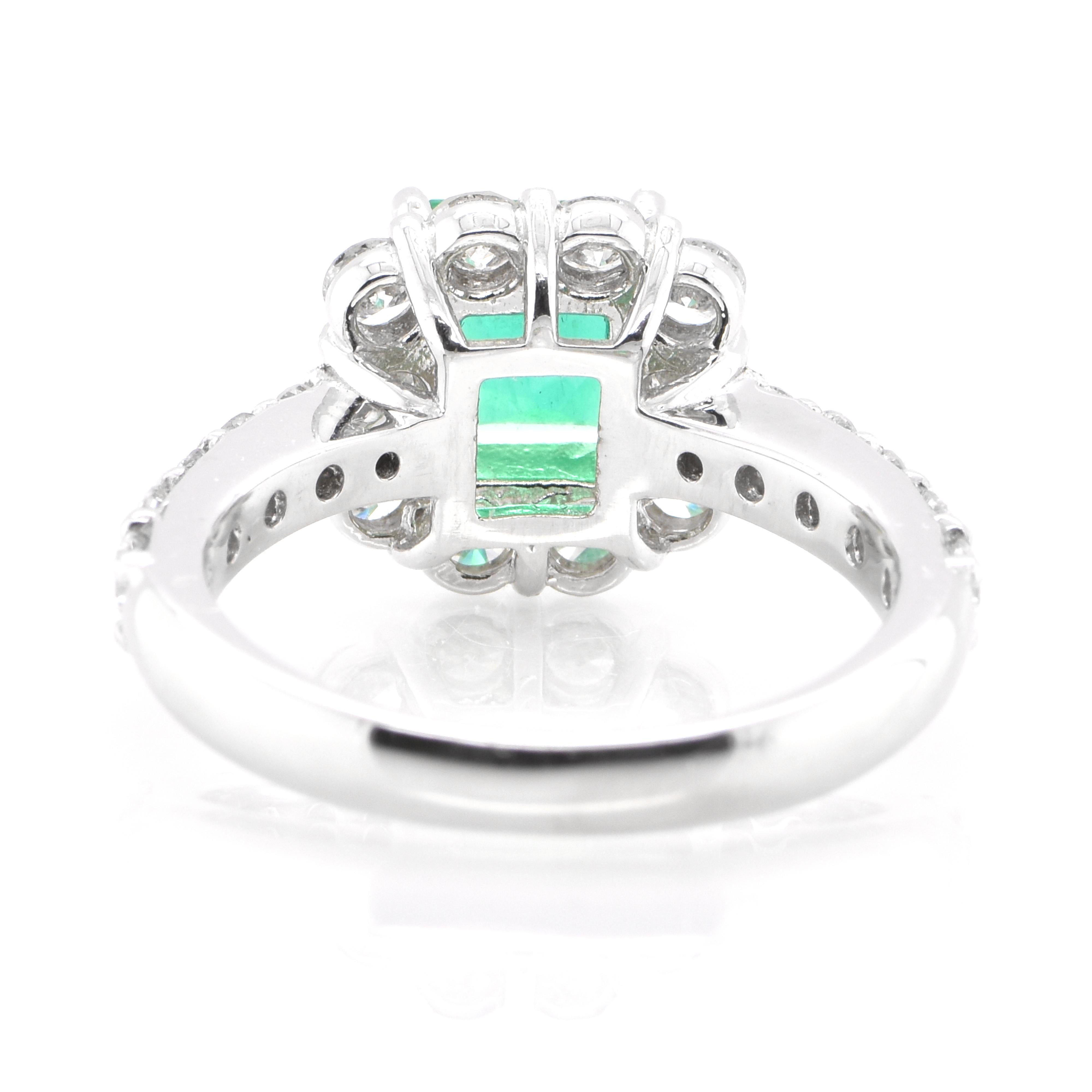 Women's 1.36 Carat Natural Colombian, Vivid Green Emerald Halo Ring Set in Platinum