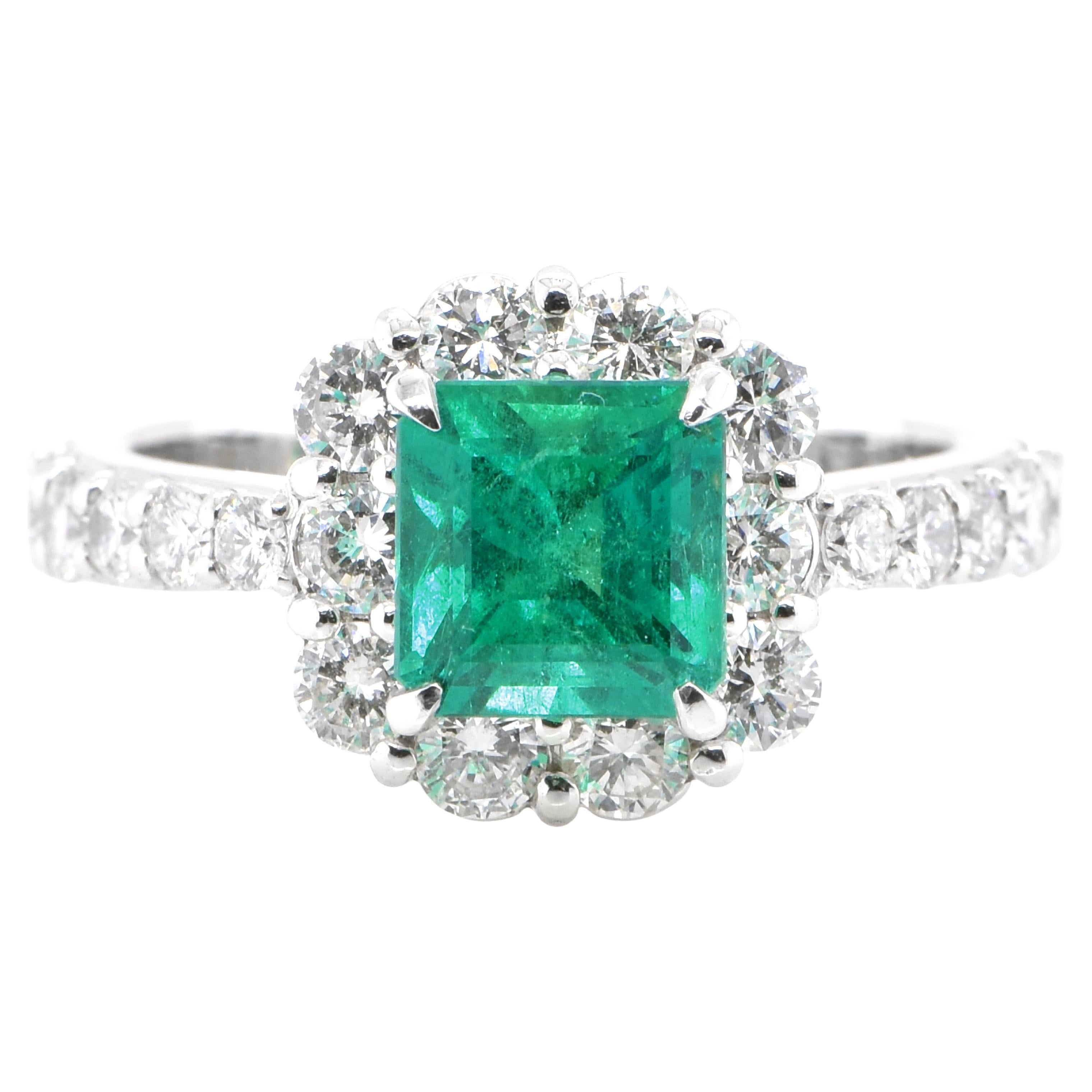 0.89 Carat Vivid Green Emerald and Diamond Halo Ring Set in Platinum ...