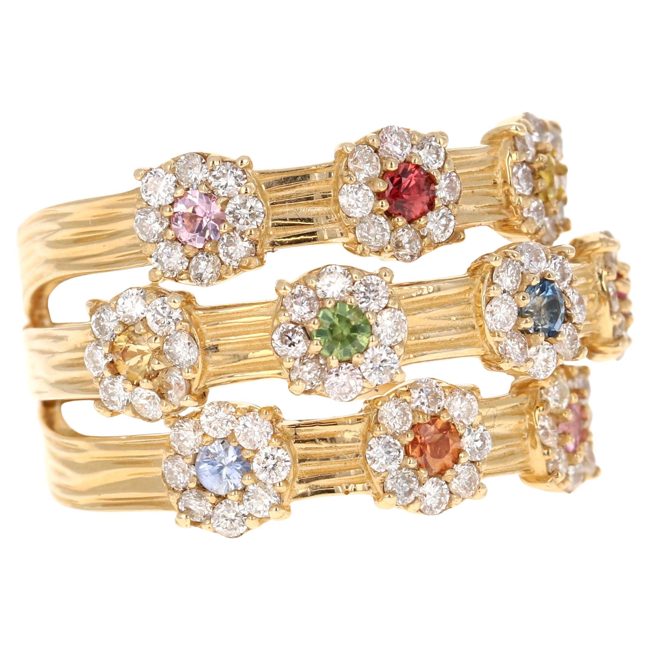 1.36 Carat Natural Sapphire Diamond Yellow Gold Cocktail Ring