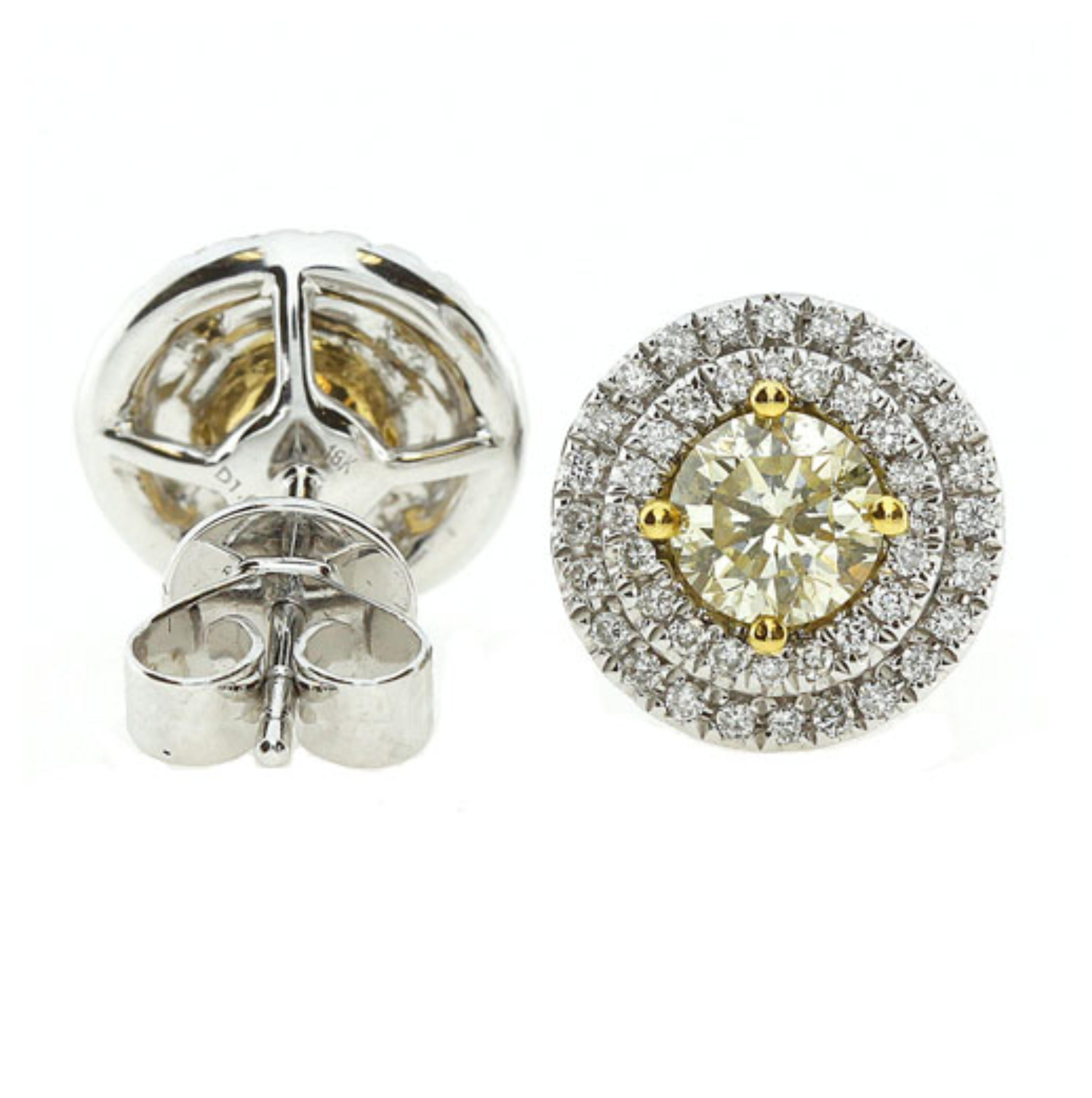 Art déco Clous d'oreilles en diamant jaune fantaisie naturel de 1,02 carat avec double halo en vente