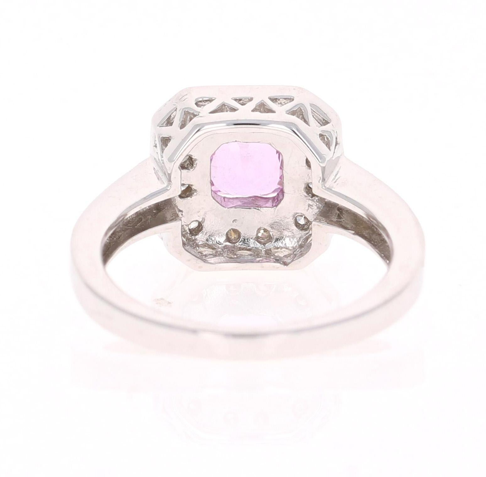 Cushion Cut 1.36 Carat Pink Sapphire Diamond 14 Karat White Gold Ring