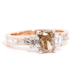 1.36 Carat Radiant Cut Certified Cognac Diamond Three Stone Ring 18 Carat Gold