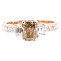 1.36 Carat Radiant Cut Certified Cognac Diamond Three Stone Ring 18 Carat Gold