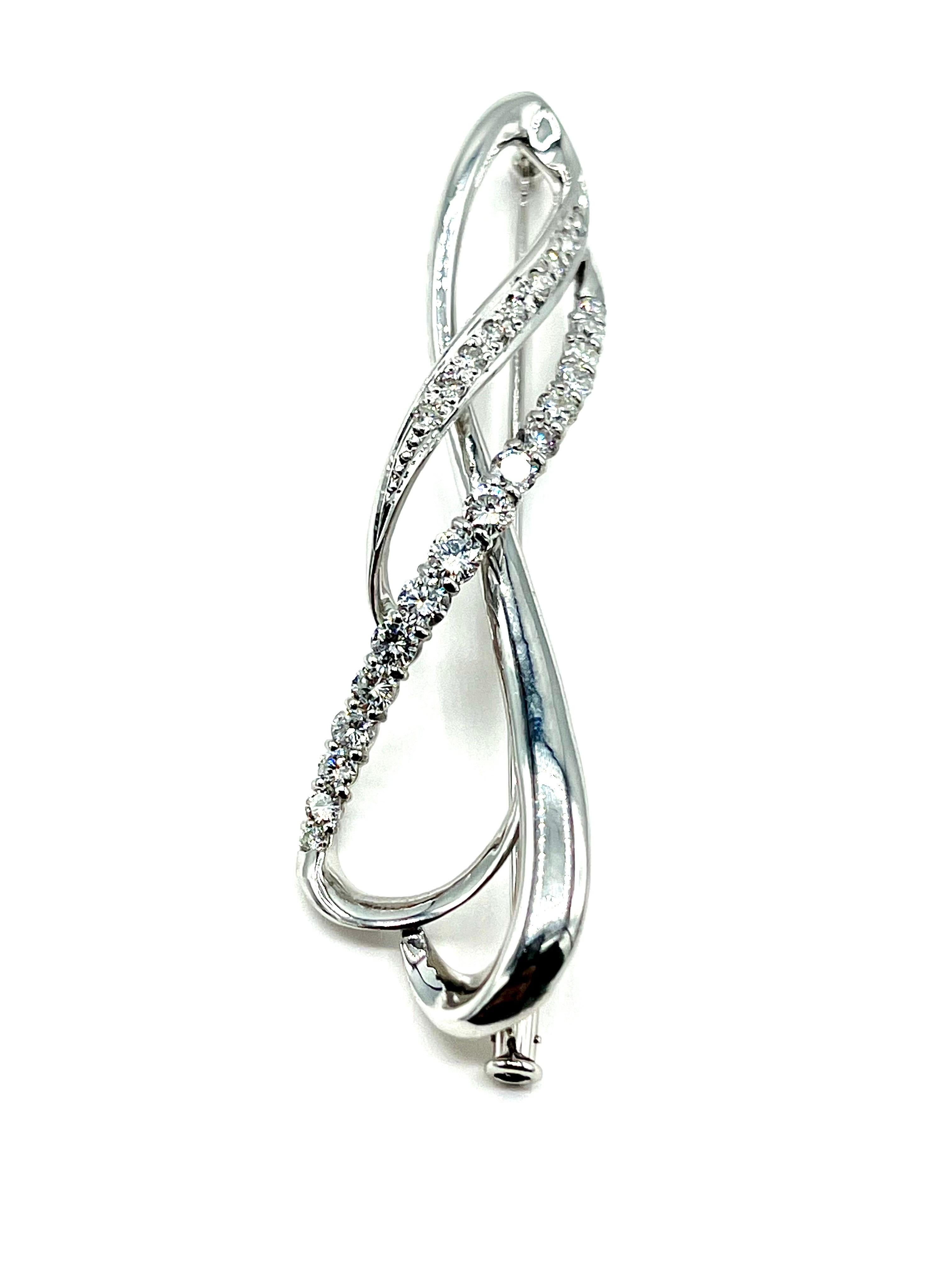 Women's or Men's 1.36 Carat Round Brilliant Diamond and Platinum Swirl Brooch For Sale