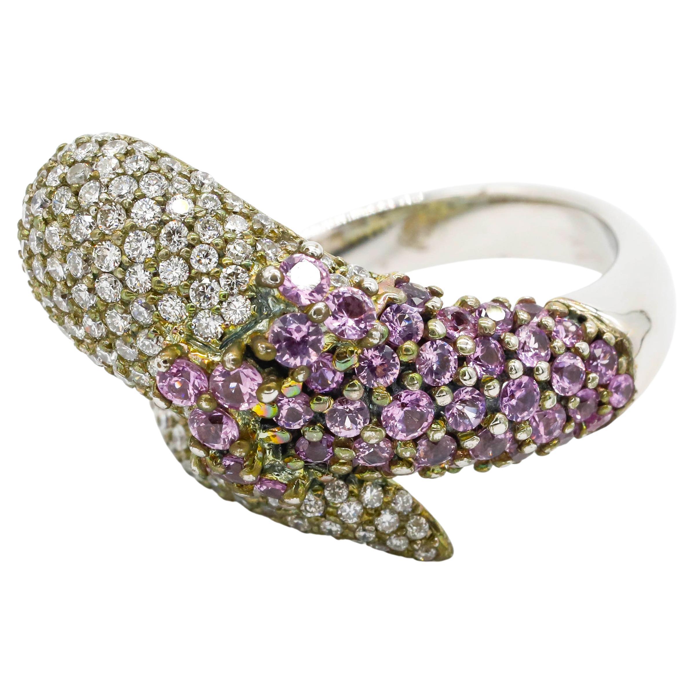 1.36 Carat Round Cut Diamond 0.14 Carat Pink Sapphire 18k White Gold Wrap Ring For Sale