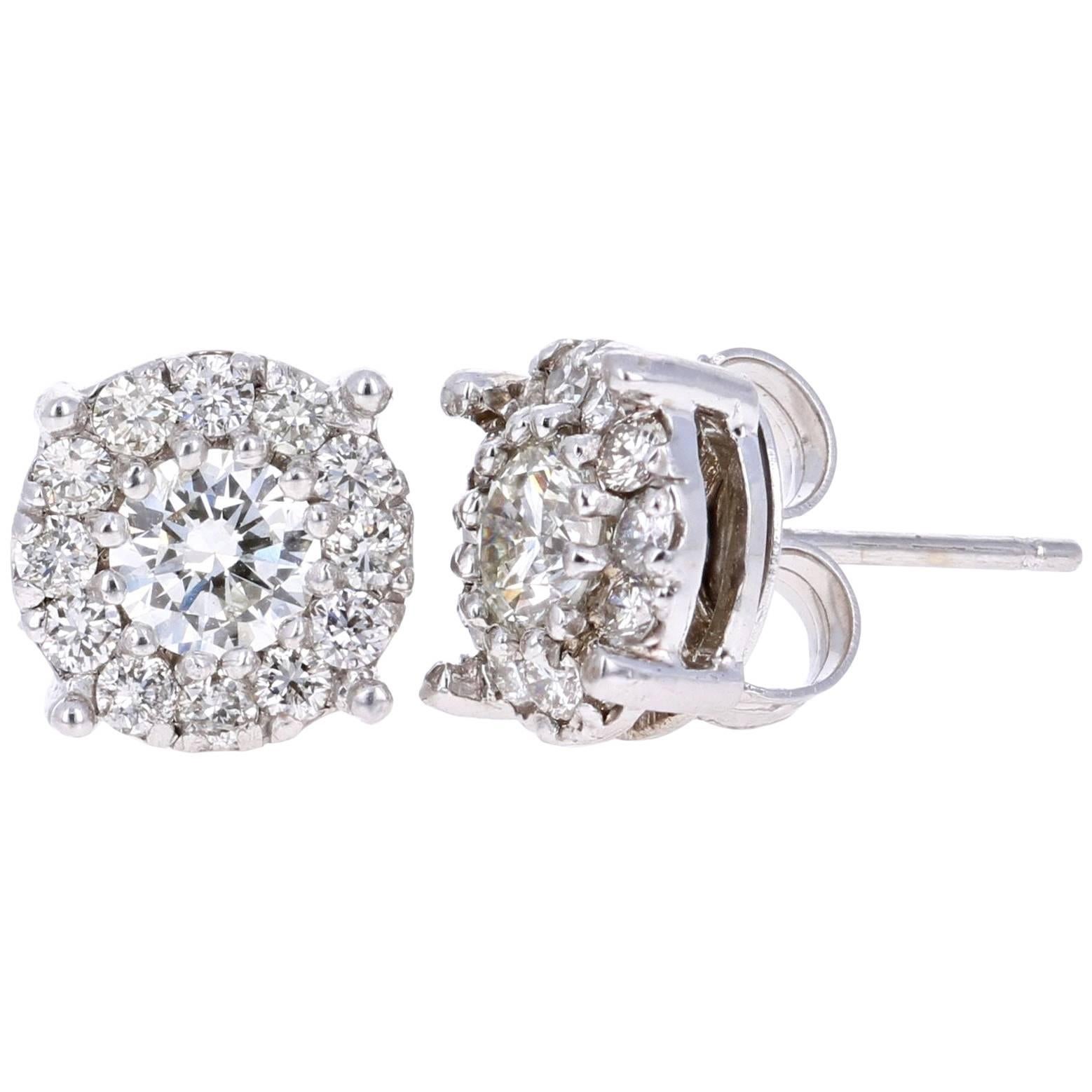1.36 Carat Round Diamond Floret Design 14 Karat White Gold Stud Earrings