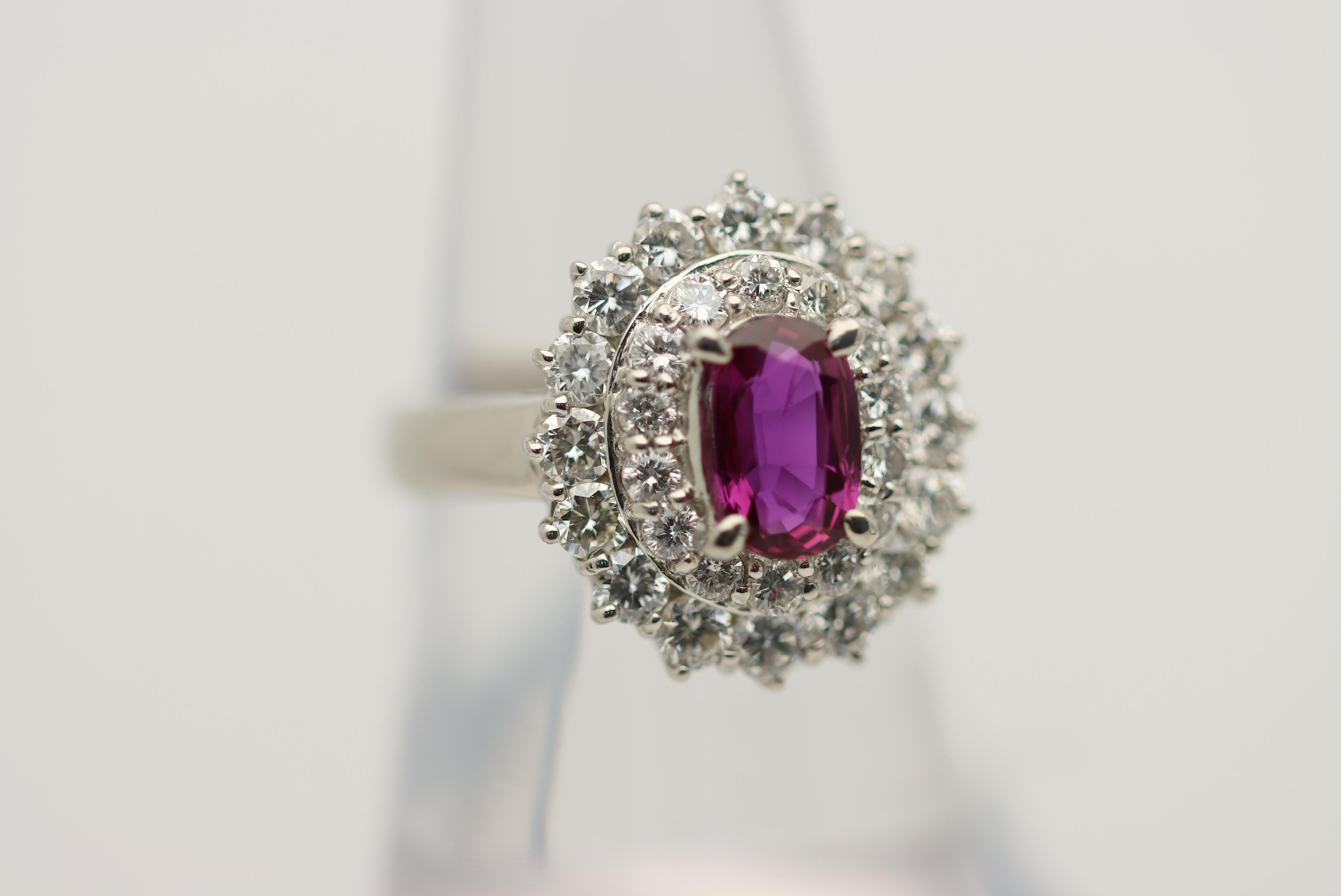 Oval Cut 1.36 Carat Ruby Diamond Double-Halo Platinum Ring For Sale