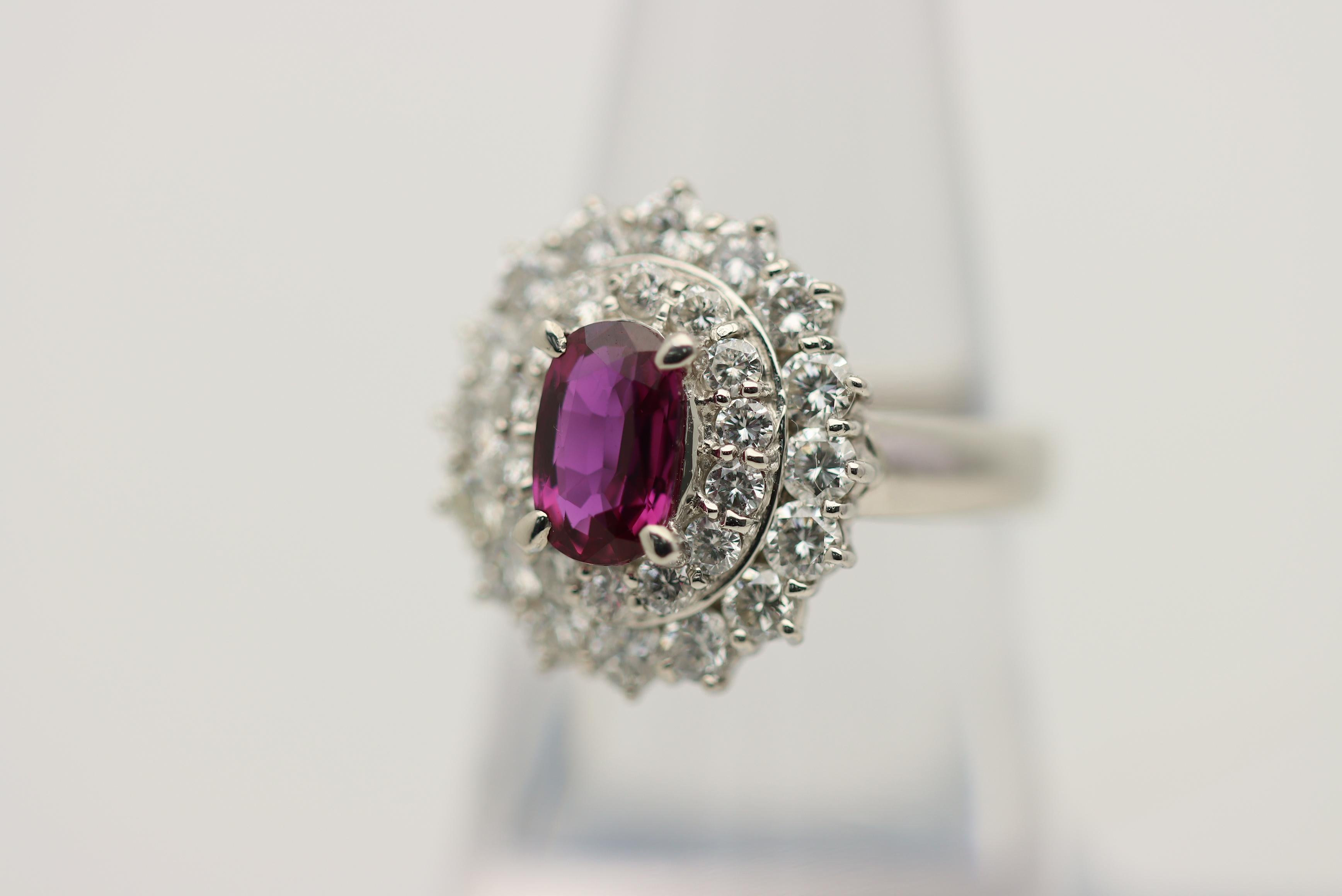1.36 Carat Ruby Diamond Double-Halo Platinum Ring In New Condition For Sale In Beverly Hills, CA