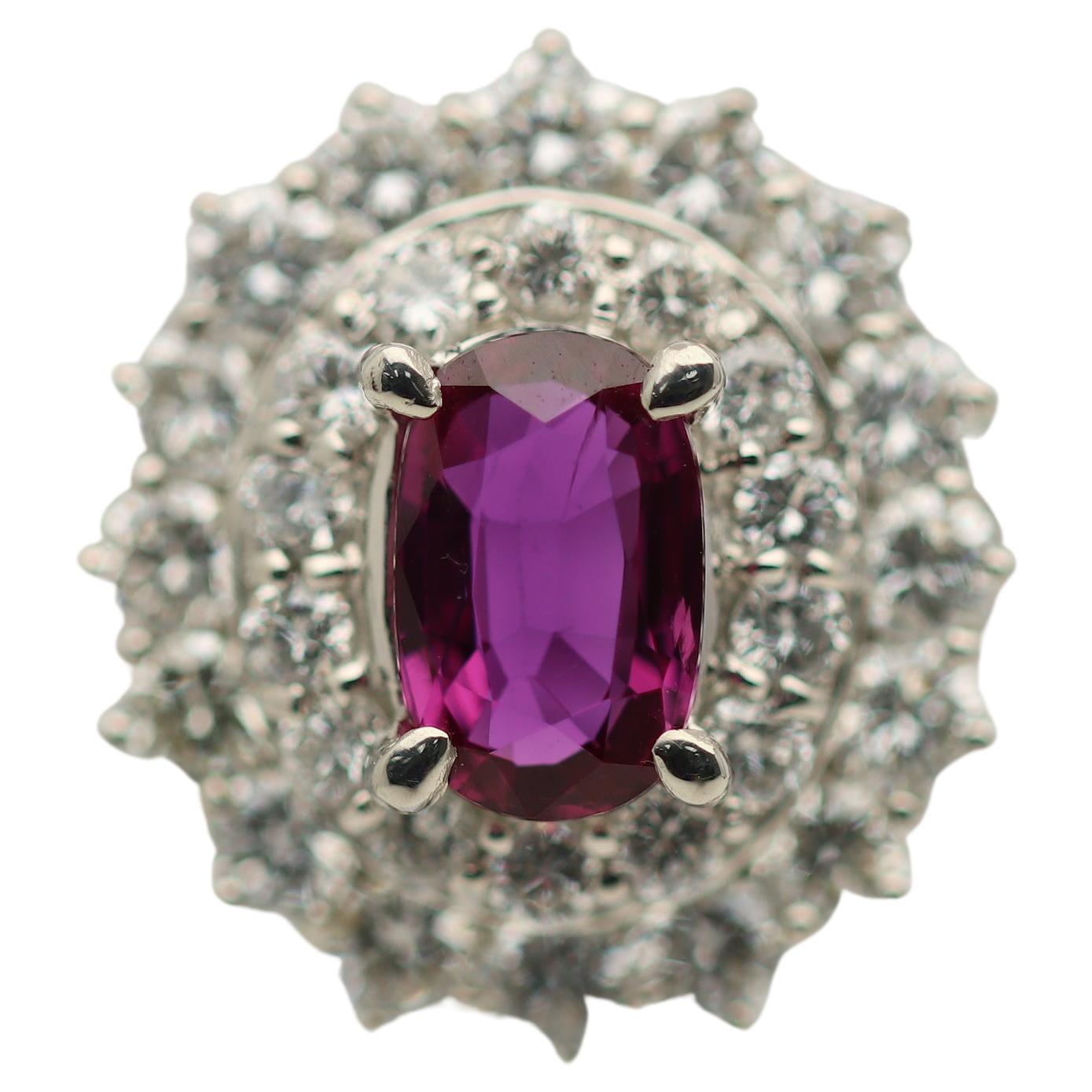 1.36 Carat Ruby Diamond Double-Halo Platinum Ring For Sale