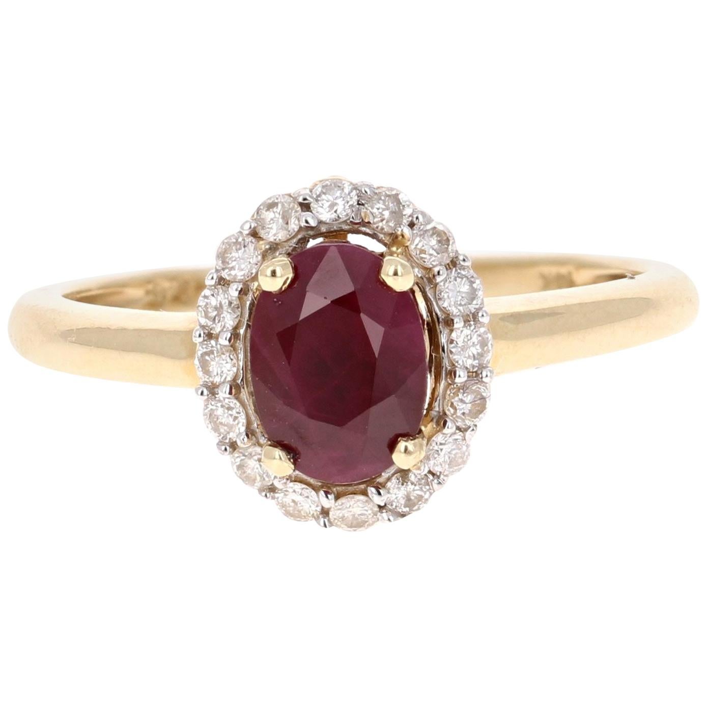 1.36 Carat Ruby Diamond Yellow Gold Halo Ring