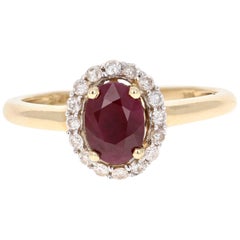 1.36 Carat Ruby Diamond Yellow Gold Halo Ring
