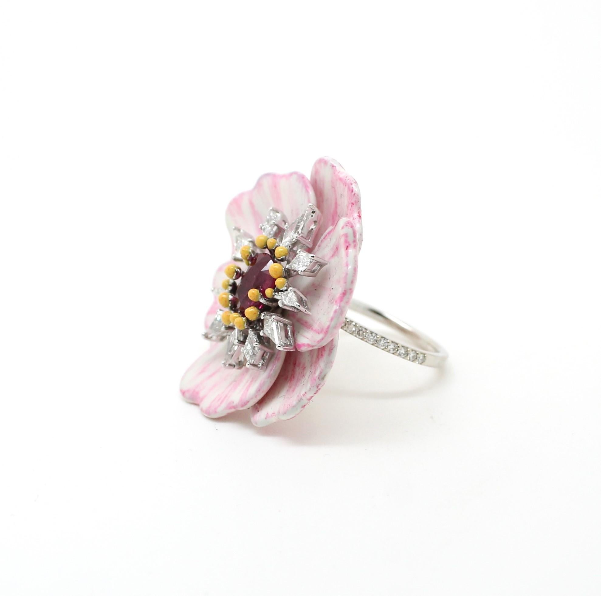 Oval Cut 1.36 Carat Ruby with White Kyte Diamonds Hand Painted Anemone Cocktail Ring For Sale
